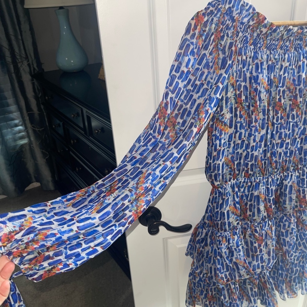 CAROLINE CONSTAS for INTERMIX Off-Shoulder Blue and Red Patterned Minidress Med - Picture 5 of 7